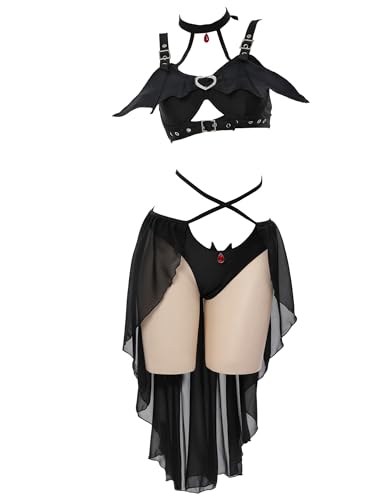 MEOWCOS Women's Bikini Sets Gothic Bathing Suit Goth Bat Wing Top and Sheer Bottom Black - Black - Medium