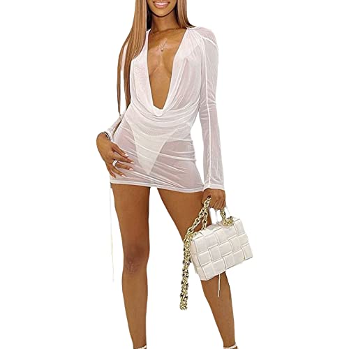 Damen Sexy Mesh Kleid V Ausschnitt Sommer Cover-Ups Durchsichtig Langarm Tie-Up Party Club Strand Minikleider - S - Weiß