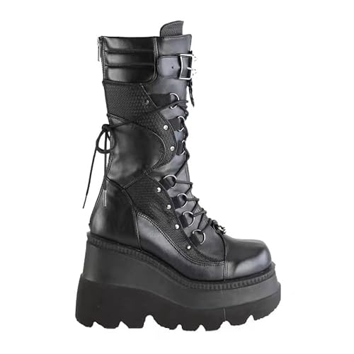 BINDAN Womens High Platform Mid Calf Wedges Chunky Booties Heel Round-Toe Side Zip Winter Punk Combat Boots For Women - 10 - Black-g