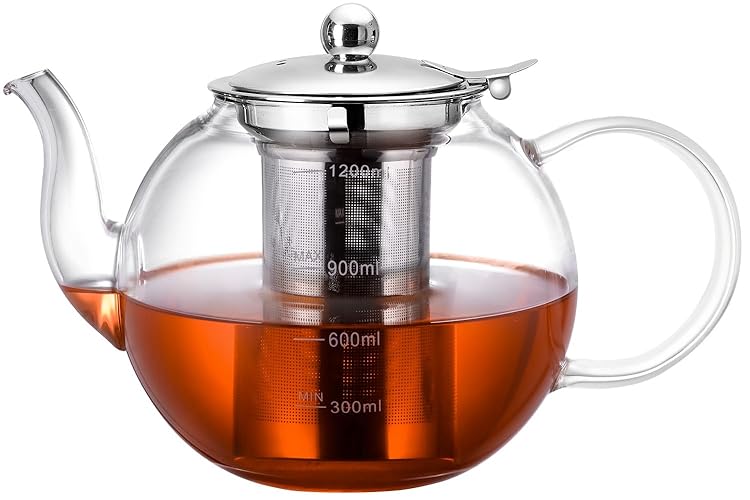 Zpose Glass Teapot, 1200ml Tea Pot with Removable Loose Tea Infuser, Clear Borosilicate Teapot with Scale Line, Glass Tea Pot Set for Loose Leaf Tea and Blooming Tea, Gift Box for Tea Maker