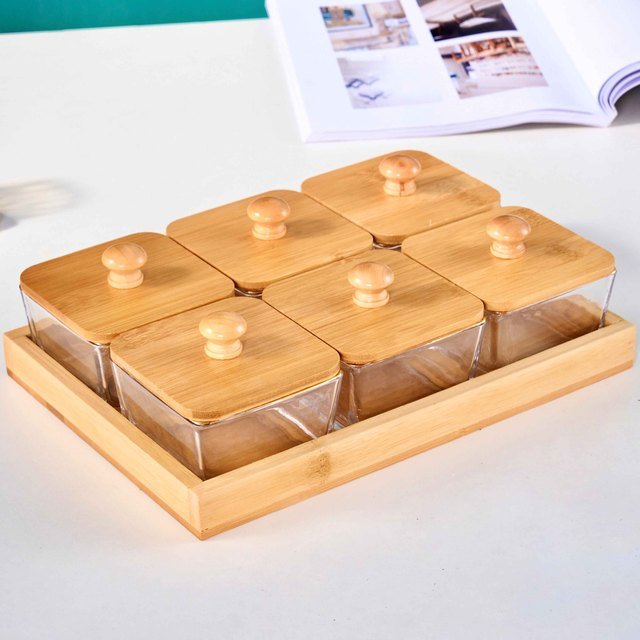 Bamboo and Glass Snack Trays - 6pc with Lids