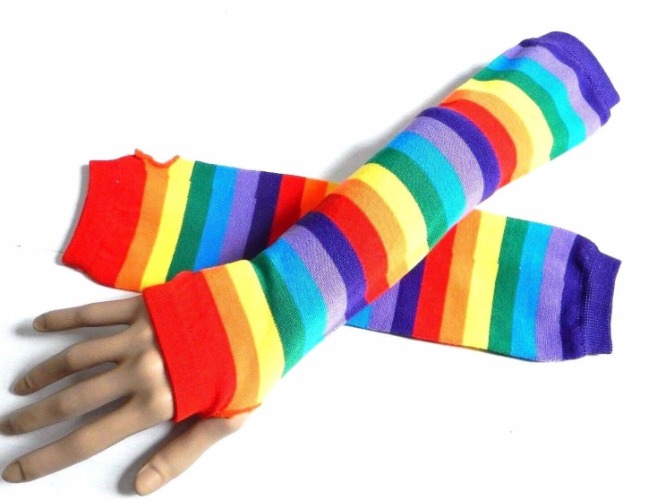 RAINBOW STRIPED ARM WARMERS gay pride knit fingerless gloves Brite rave LGBT Y5