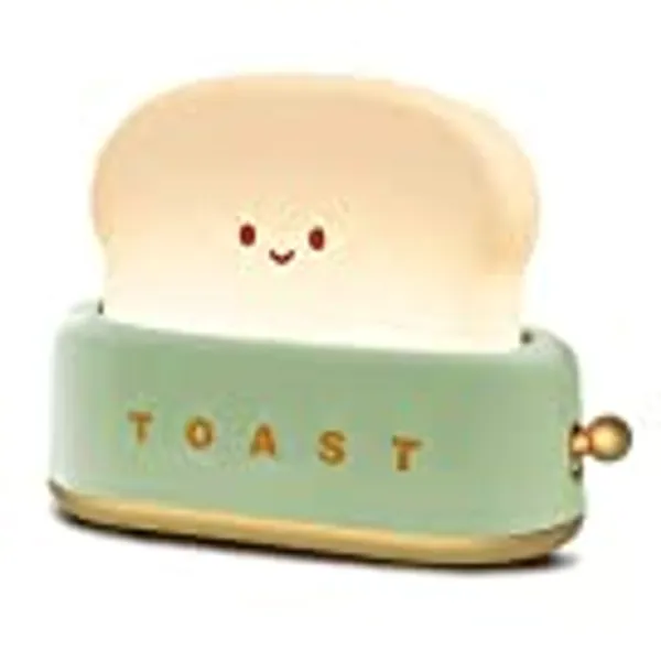 QANYI Desk Decor Toaster Lamp, Rechargeable Small Lamp with Smile Face Toast Bread Cute Toaster Shape Room Decor Night Light for Bedroom, Bedside, Living Room, Dining, Desk Decorations, Gift (Green)
