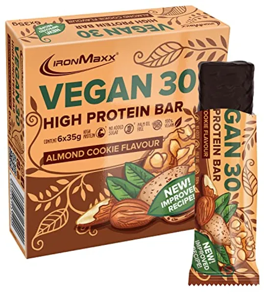 IronMaxx Vegan 30 Proteinriegel - Almond Cookie Flavour 6 x 35g | Veganer High Protein Eiweißriegel zuckerarm, sojafrei und palmölfrei