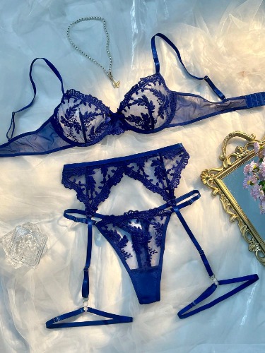 5pcs/Set Sexy Lingerie Set For Women, In Blue