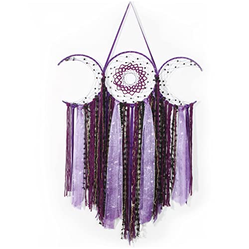 ANROYE Purple Triple Moon Goddess Macrame Wall Hanging, Boho Art Large Wiccan Crescent Moon Dream Catcher, Handmade Bohemian Hippie Woven Pagan Tapestry Decor for Bedroom Nursery Decoration Gift - Purple