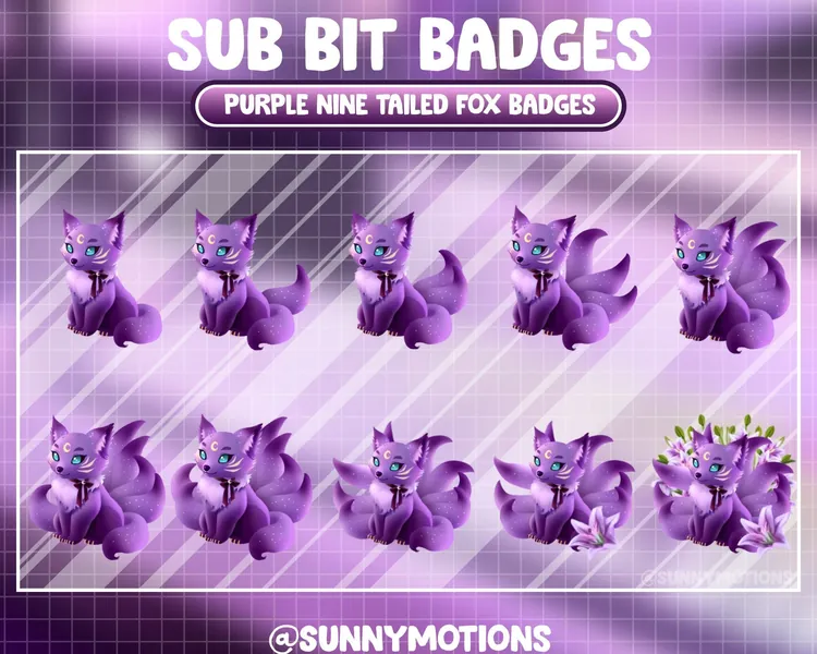 Purple Nine Tailed Fox Twitch Loyalty Sub Bit Badges / Kawai Animal Emoji / Cool Subscriber / Streamer / Emotes / Lily Flower Twitch Overlay