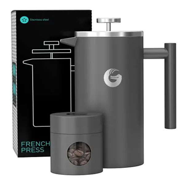 Coffee Gator Cafetiere - 1 Litre French Press Coffee Maker - Large Capacity, Double-Wall Insulated Stainless Steel Brewer - Hotter for Longer – Grey
