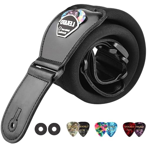 LEKATO Guitar Strap for Electric Guitars & Bass 3" Wide Padded Bass Guitar Straps Adjustable Strap Bass Guitar Strap with Pick Holder Strap Locks & Guitar Picks - Regular(( 45" to 55") - Black