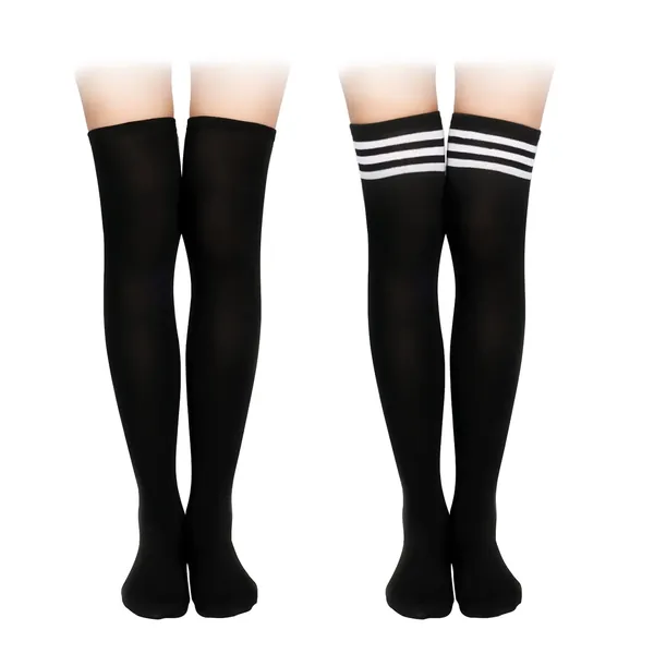 KINBOM 2 Pairs Thigh High Socks, Soft Cotton Soft Knee High Socks Long Stockings for Women Girls Daily Wear (Black and White Stripes, Pure Black)