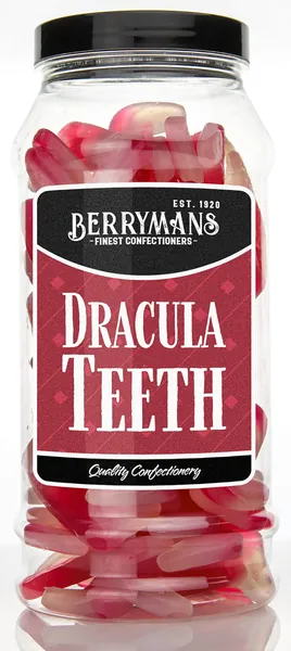 Original Dracula Vampire Teeth Fangs Jelly Gummy Retro Sweets Gift Jar By Berrymans Sweet Shop - Classic Sweets, Traditional Taste.
