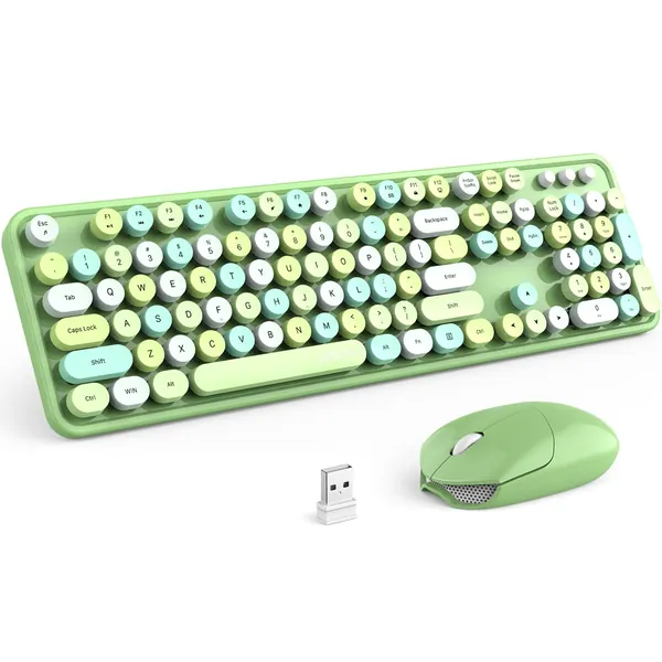 MOFII Wireless Keyboard and Mouse Combo, 2.4GHz Wireless Retro Full Size Typewriter Keyboard with Number Pad & Wireless Mouse for Laptop, PC, Desktop, Mac, Windows - Green Colorful - Green Colorful