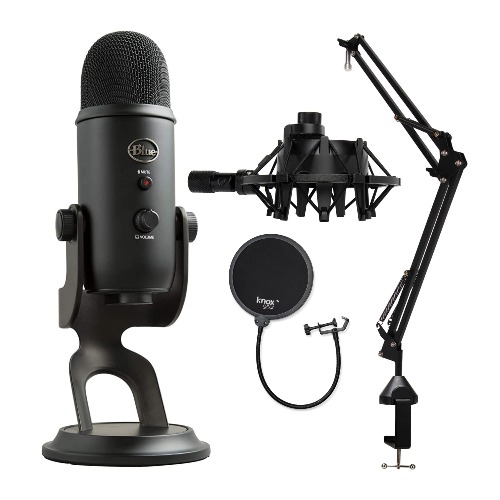Blue Yeti Microphone (Blackout) with Knox Boom Arm Stand, Pop Filter and Shock Mount Bundle - Blackout