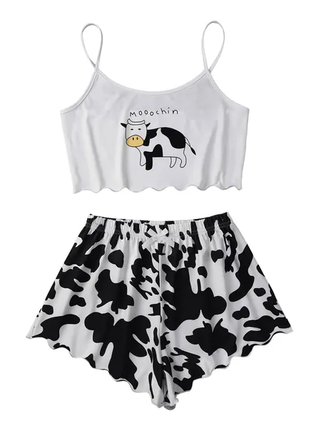 SOLY HUX Women's Cartoon Print Lettuce Trim Cami Top and Shorts Cute Pajama Set Sleepwear - Medium Black and White Cow