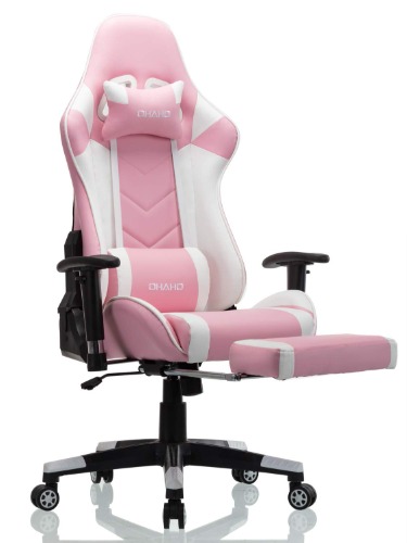 OHAHO Gaming Chair Racing Style Office Chair Adjustable Massage Lumbar Cushion Swivel Rocker Recliner Leather High Back Ergonomic Computer Desk Chair with Retractable Arms and Footrest (Pink/White) - Pink/White