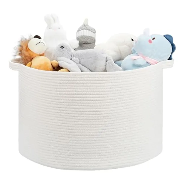 Large Storage Basket - 22"x 22"x 14" Blanket Basket for Living Room, Baby Toy Storage Basket, Cotton Rope Basket Woven Laundry Basket (White)