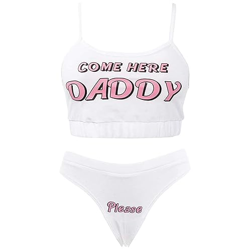 SOLILOQUY Come Here Daddy Please Lingerie Set for Women Bra Crop Top and Panty Set 2Pcs Cosplay Sleepwear Pajamas - Small - White