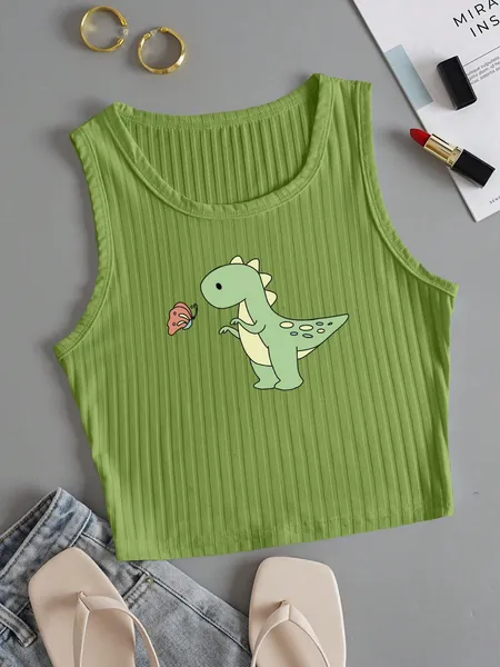 SHEIN Qutie Cartoon Graphic Ribbed Knit Tank Top