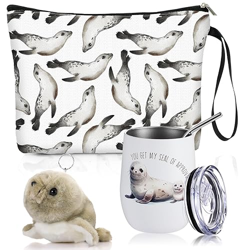 Maxcheck 3 Pcs Christmas Seal Gifts Set for Seal Lovers 12 oz Seal Tumbler with Lid Straw Seal Bag Seal Plush Keychain Seal Gifts for Friends Kids Girls Women Ocean Stuffed Gifts