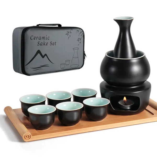 Dltsli Ceramic Sake Set with Warmer Pot Bamboo Tray, Stovetop Porcelain Pottery Hot Saki Drink Bottle, 10pcs Set 1 Stove 1 Warming Bowl 1 Sake Bottle 1 Tray 6 Cup Keep Sake Storage Gift Box (Black)