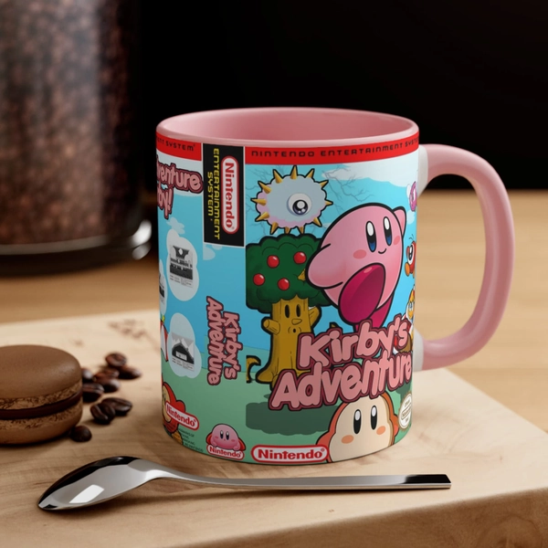 Kirbys Adventure NES 8 bit game box cover famicom Accent Coffee Mug, 11oz pink 3
