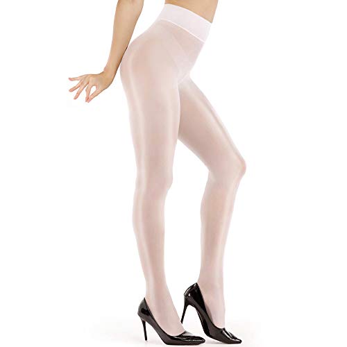 ARRUSA Women's Super Sexy Shiny Sheer Control Top Footed Tights Silk Stockings Ultra Shimmery High Waist Pantyhose - White