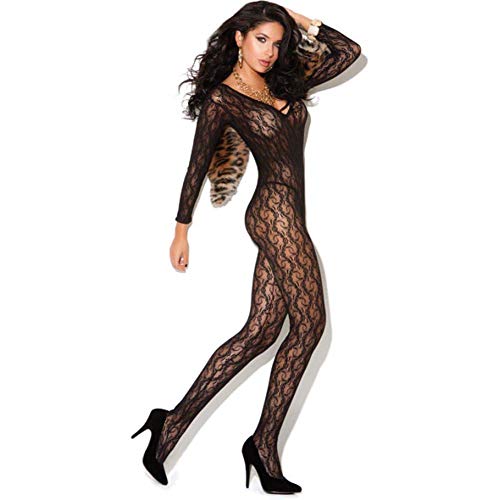 Elegant Moments Women's Long Sleeve Lace Body Stocking with Open Crotch - One Size - Black