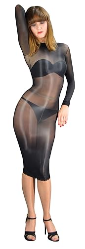“Delilah” Glossy Long Sleeve Sheer Shiny Dress - Regular - Black