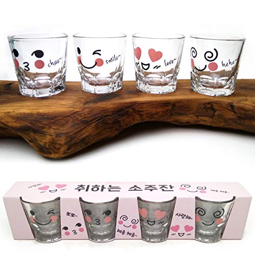 LENITH] Korean Soju Shot Glasses Sets, 1.7 oz, Character Clear Glass, Heart Shaped Glass for Whiskey,Tequila and Liquor. (Characters) - Characters