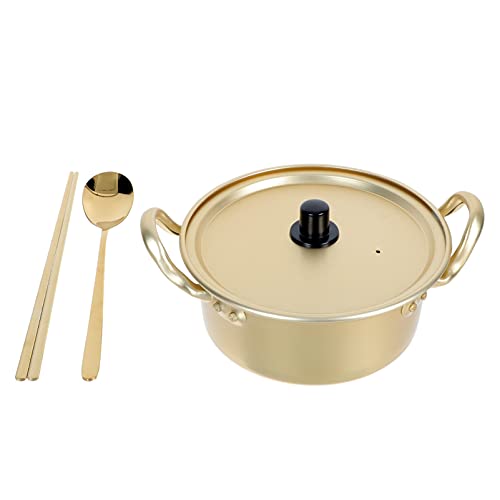 Korean Ramen Pot Noodle Bowl: Golden Korea Cooking Instant Noodles Pots with Chopsticks- Made Ramyun Bowls with Lid and Handle- Aluminum Soup Cooker Set for Kitchen