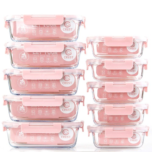 [10 Pack] Glass Meal Prep Containers, Food Storage Containers with Lids Airtight, Glass Lunch Boxes, Microwave, Oven, Freezer and Dishwasher Safe - Pink Set of 10 Glass Containers