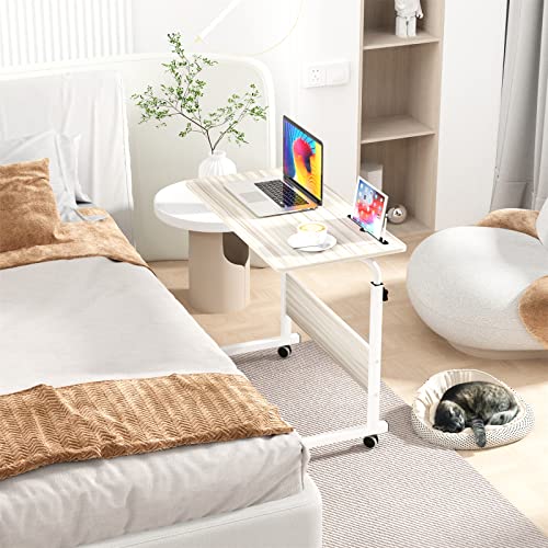SogesPower 23.6 inches Mobile Laptop Desk Adjustable Height Stand Side Table with Wheels Workstation Laptop Computer Stand Bedside Table Portable Side Table for Bed Sofa,Mobile End Desk,White Maple - 23.6 inch - White Maple