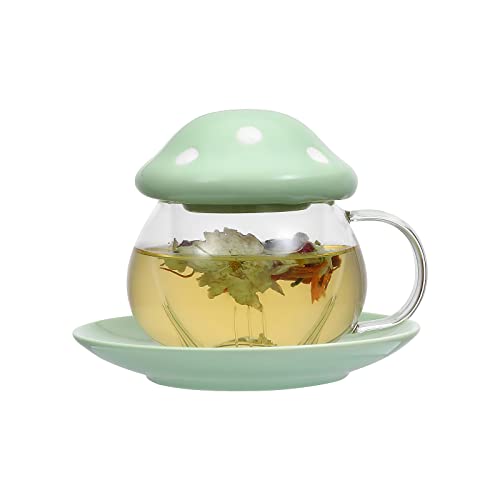 Mushroom Cup Glass Tea Cup with Lid Tray Strainer Filter Infuser for Loose Leaf Tea Cute Tea Mug in Color Printing Gift Box 11oz (Green) - Green