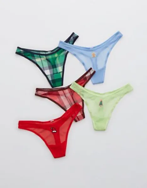 Aerie Mesh Holiday High Cut Thong Underwear 5-Pack