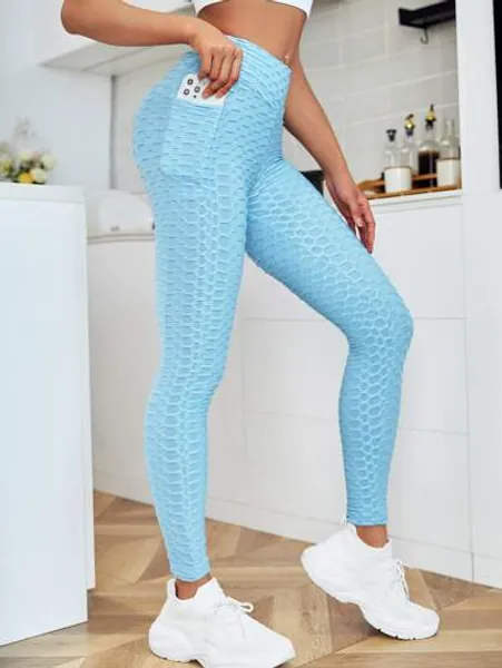 Solid Honeycomb Textured Sports Leggings With Phone Pocket