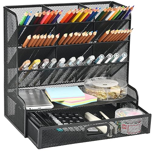 Marbrasse Mesh Desk/ Desktop Stationary Organizer, Multi-Functional Pen Holder, Storage Rack for School Home Office Art Supplies (Black Mesh Pen Holder with Drawer) - Balck Mesh Pen Holder with Drawer