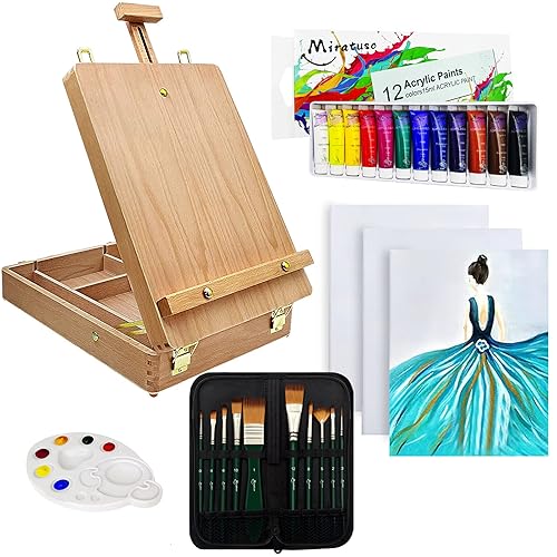 Deluxe Art Supplies 27 Pieces Art Set with Tabletop Easel, 12 Colors Acrylic Paint, 10 Paint Brushes, 3 Canvas Panels, Palettes - Sketchbox Set