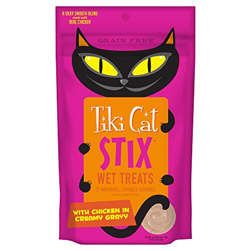 Tiki Cat Stix Mousse Treats, Single Serve Indulgent Lickable Treat or Dry Food Topper, with Chicken in Creamy Gravy, 6 oz. Pouch (Pack of 12) - Chicken - 6 oz (Pack of 12)