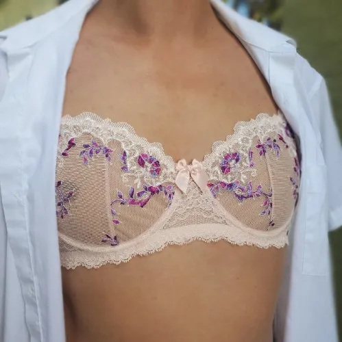 Sissy mesh balconette bra 40AA cup. Pink and purple.