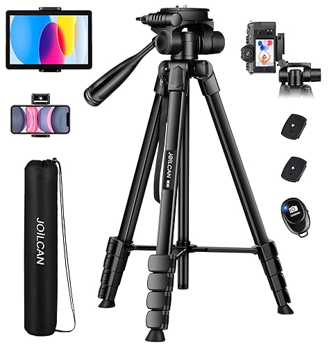 JOILCAN Camera Tripod, 68" Tablet Tripod Stand for Phone Cameras, Travel Tripod Compatible with iPad iPhone DSLR SLR Projector, Cell Phone Tripod Stand with Remote/Travel Bag / 2 in 1 Mount - 68" - Black