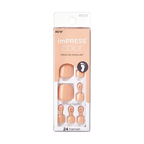 KISS imPRESS Color Press-On Pedicure Fake Toenails Kit, Style "Sweet Love", Square Shaped, Dark Tan Press-On Nails, Includes Prep Pad, Mini Nail File, Cuticle Stick, & 24 Fake Nails