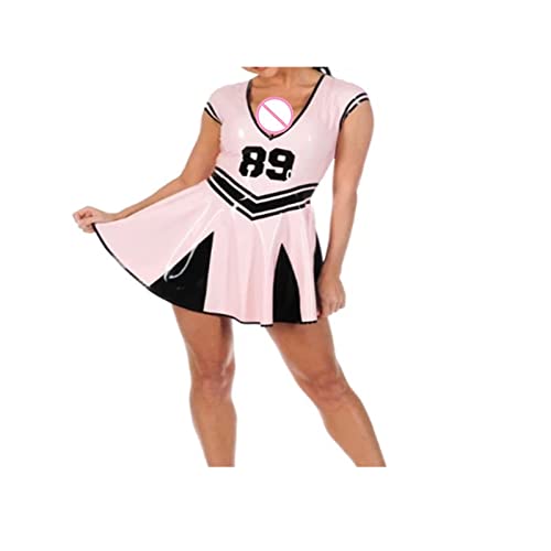 Handmade Rubber Dress Latex Women Cosplay Cheerleading Short Slevees Pink With Black - XX-Large - Baby Pink With Black