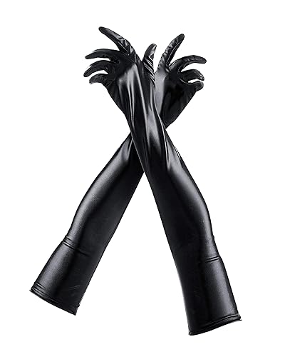 Pinup Doll Long Wet Look Gloves Faux Leather Shiny Metallic Gloves, Halloween Costume, Costume, Gloves For Women, Long Gloves - Black