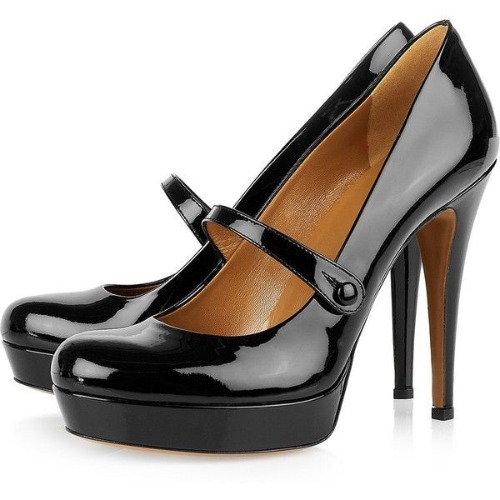 Black Patent Leather Mary Jane Pumps Round Toe Platform Heels
