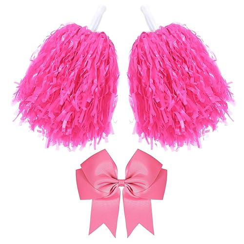 Hotop 3 Pcs 10 in Cheerleading Pom Poms and Large Cheerleader Hair Bow for Girl Cheer Pompoms Cheerleading Accessories for Sport Events Dance Party Basketball Football Team - Pink - Classic