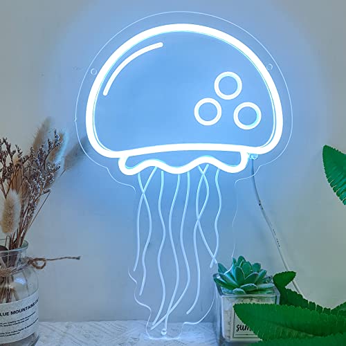 Jellyfish Neon Sign Personalized Led Neon Signs for Bedroom Wall, USB Powered Ice Blue OceanTheme Art Neon Night Light Acrylic Light Up Sign for Kids Birthday Gift Home Festival Party Holiday Decor - Ice Blue