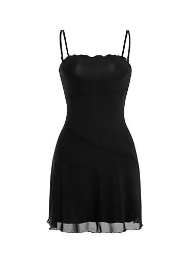 Verdusa Women's Lettuce Trim Floral Print Mesh Sleeveless A Line Short Cami Dress - Small - Black Solid