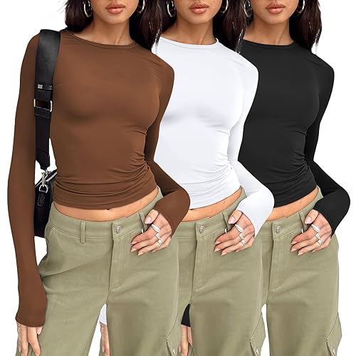 AUTOMET Womens Long Sleeve Shirt Basic Crop Tops Fall Fashion Underscrubs Layer Slim Fit Winter Clothes - Black,white,brown - Small