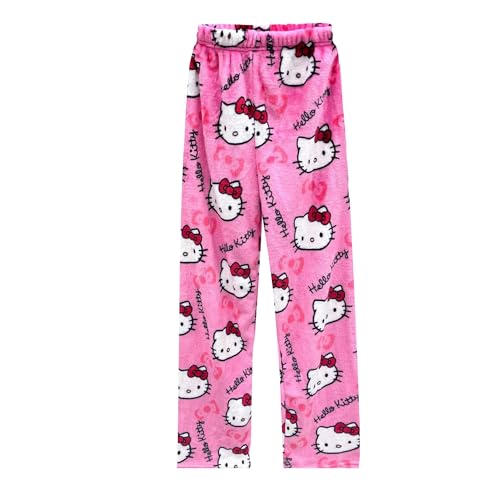Ticllov Anime Pajamas for Women Girls Cartoon Flannel Cat All Over Print Christmas Halloween Sleep Pajama Pants - Large - Rose Pink