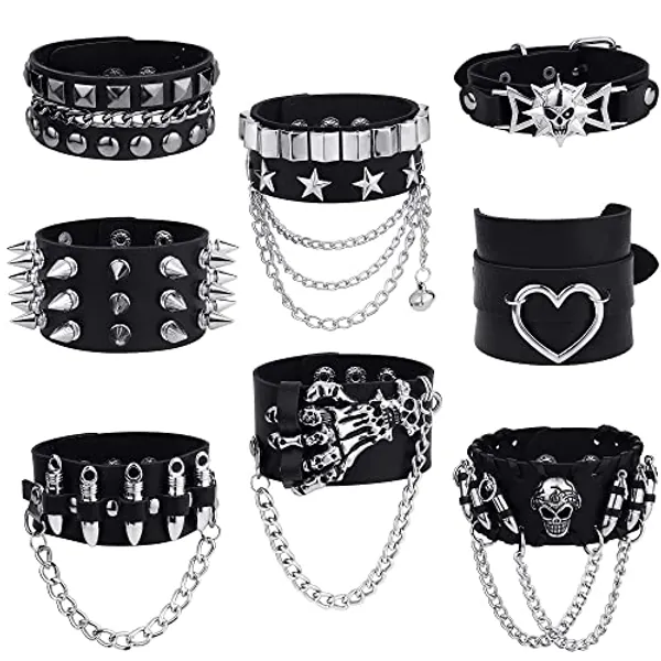Sanfenly Punk Studded Bracelets for Men Women Faux Black Goth Leather Bracelets Spike Skull Hand Rivet Chain Cuff Bracelets Adjustable Gothic Emo Bracelets Wristband Accessories